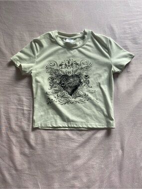 Graphic Heart Wing Crop Tee in Sage Green